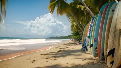 Wall Mural - Several colorful surfboards lined up on a sandy beach, with palm trees in the background, A beach lined with palm trees and surfboards