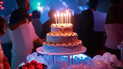 Wall Mural - Diverse group of individuals gathered around a large birthday cake at a party, A birthday party scene with a large, tiered cake and lit candles