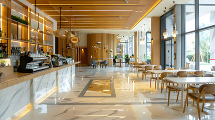 Leinwandbilder - Light wooden and marble tile floor interior of modern cafe with double ceiling height Lobby bar in luxury design hotel hall with second split level : Generative AI