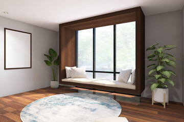 3d render of wooden hanging windows daybed with frame mock up in tatami room. Wood parquet floor, gray wall and white ceiling. Set 4