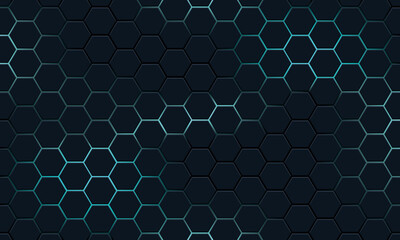 Wall Mural - Dark hexagon pattern on blue neon background. Modern geometric shapes technology style.