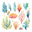 Aquarium plants. Set of 15 algae isolated on a white background. Watercolor illustration of algae. Underwater plants composition. Colorful leaves for your design.