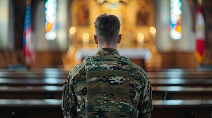 A soldier prays in a church.