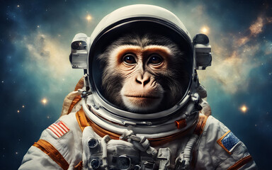 Wall Mural - astronaut monkey in a space suit, floating against a backdrop of stars. futuristic and curious