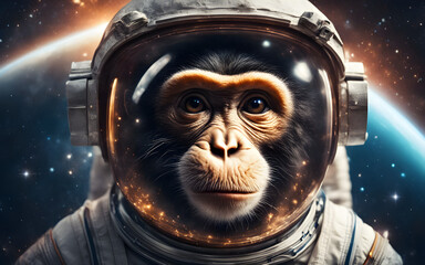 Wall Mural - astronaut monkey in a space suit, floating against a backdrop of stars. futuristic and curious