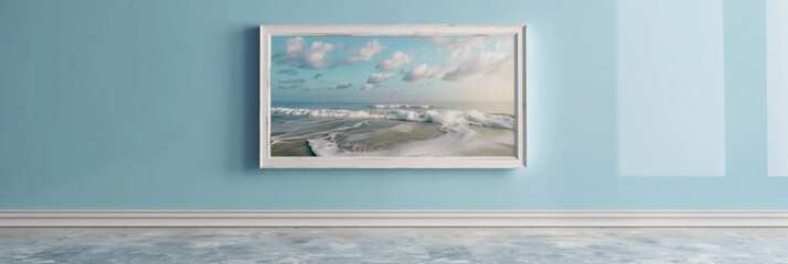 Wall Mural - white frame on the wall with sea-theme art, coastal photography