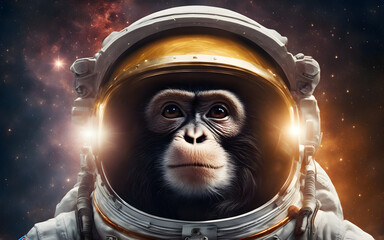 Wall Mural - astronaut monkey in a space suit, floating against a backdrop of stars. futuristic and curious