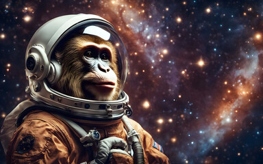 Wall Mural - astronaut monkey in a space suit, floating against a backdrop of stars. futuristic and curious