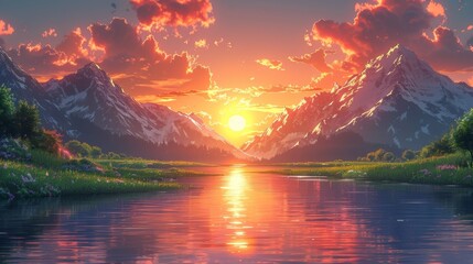 Wall Mural - illustration shows the setting sun cast a warm glow on the grassy river bank as it sets behind towering mountains