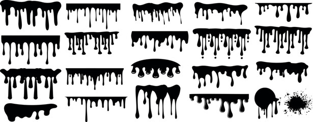 Wall Mural - dripping stain vector set, black ink drips and splatters paint vector illustration on white. perfect