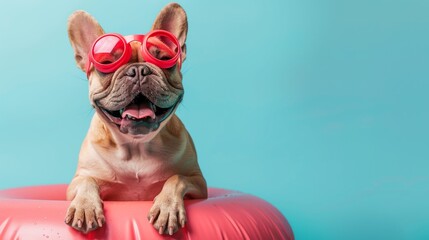 a dog wearing sunglasses and sitting on a red inflatable pool