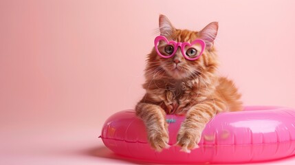 Wall Mural - A cat wearing pink sunglasses is sitting on a pink inflatable pool