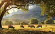 Majestic Spanish Landscape with Grazing Wild Pigs Under Trees - Generative AI