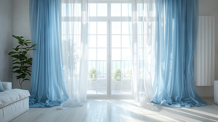 blue window curtains and white tulle in the white room