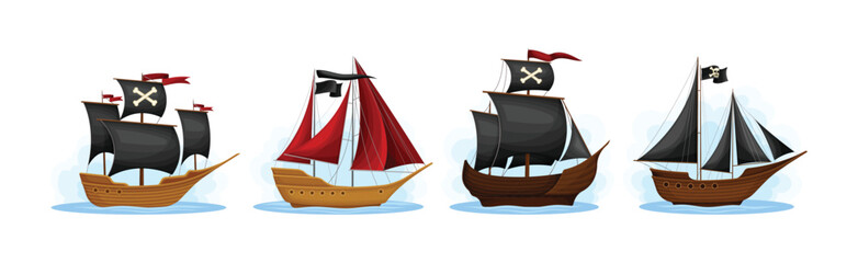 Wall Mural - pirate ships with black and red sails vector set