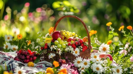 Wall Mural - Basket with fruits and berries in the garden. Selective focus.