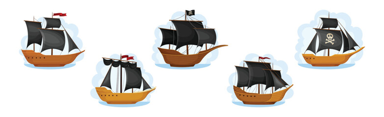 Wall Mural - pirate ships with black sails with skull and bone vector set