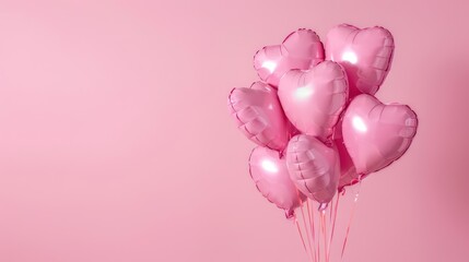 Wall Mural - Pink heart shaped helium balloons on pink background, no reflection 