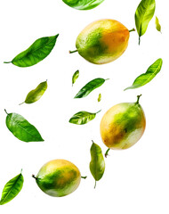 Fresh ripe mango with leaves falling in the air isolated on white background