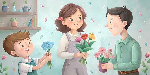 Wall Mural - Opening letter, family day, summer background, wallpaper, happy family giving a bouquet to mom in summer, vector, illustration blue