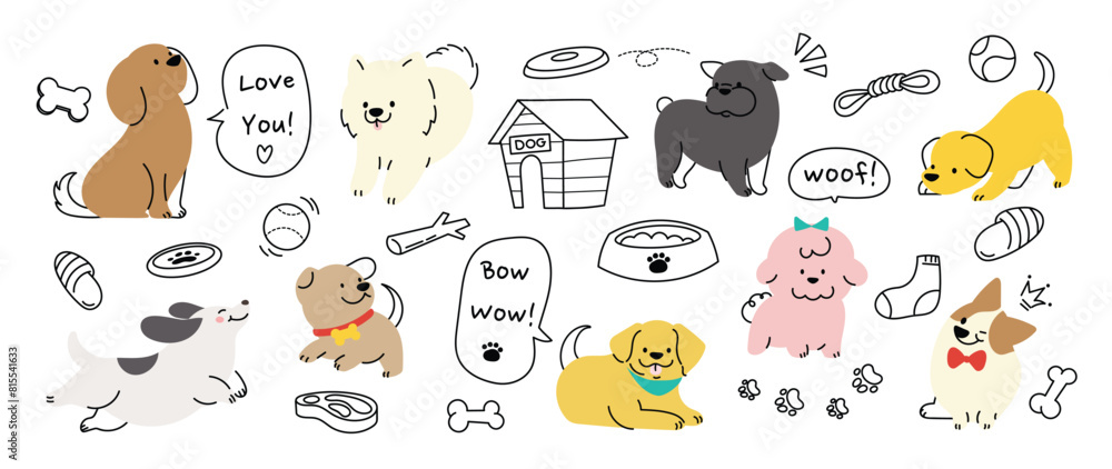 Cute dogs doodle vector set. Cartoon dog or puppy characters design ...
