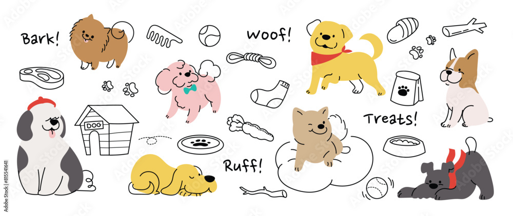 Cute dogs doodle vector set. Cartoon dog or puppy characters design ...