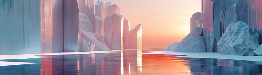 A 3D rendered depiction of a futuristic landscape featuring towering cliffs and water elements. This modern and minimalist abstract background a spiritual and zen ambiance, 