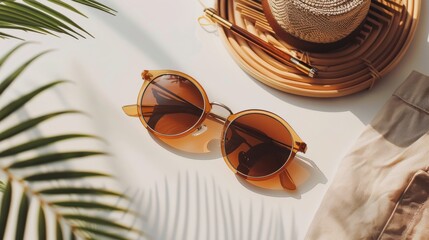 Stylish sunglasses and a chic hat resting leisurely beside a towering palm tree