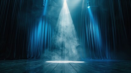 Wall Mural - A spotlight shines on an empty stage with blue curtains in the background.

