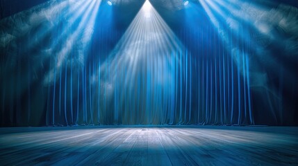 Wall Mural - A spotlight shines on an empty stage with blue curtains in the background.

