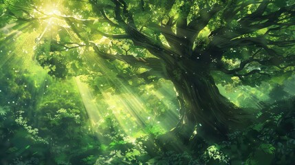 Wall Mural - The stunning green tree bathed in sunlight with a glorious flare peeking through its branches from above The sun s rays filtered through the lush canopy of towering trees creating a dazzlin