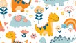 © medienvirus - cute dinosaurs, clouds, flowers, trees, rainbows patterns. in a minimalistic crayon doodle illustration style