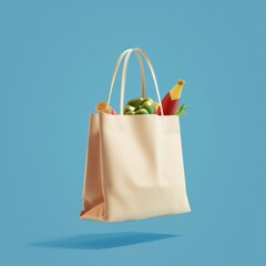 Wall Mural - A shopping bag brimming with fresh produce on a striking blue backdrop