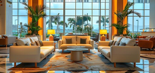 Wall Mural - Transport yourself to a world of refined comfort with a photograph showcasing the stylish lobby interior of an upscale venue, complete with inviting soft seating and a chic coffee table, set against t