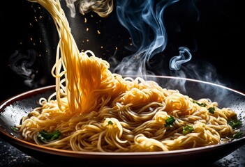 Wall Mural - steam rising from bowl freshly cooked noodles close shot, boiling, cooking, cuisine, delicious, detail, dining, dish, flavorful, food, gourmet, heat
