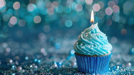 Wall Mural - ultrarealistic photograph of blue birthday cupcake, sparkle candle, accent light