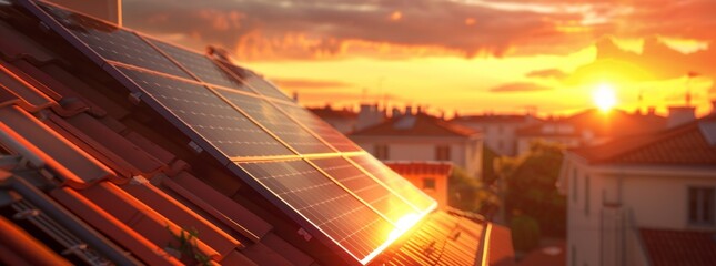 A photovoltaic panel on the roof of an apartment house, sunset in background