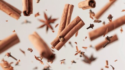 Sticker - Aromatic spices including cinnamon sticks falling on a white surface