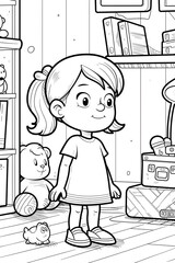 Wall Mural - Monochrome cartoon of a girl with long hair, standing with toys in room