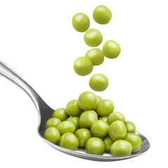 Wall Mural - Delicious green peas falling into metal spoon, cut out