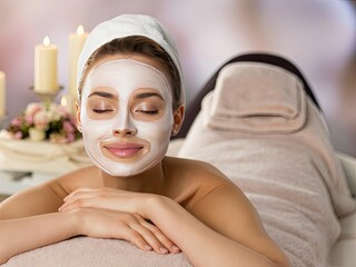 Wall Mural - A stunning photograph of a model relaxing at a luxurious spa. The model, with her eyes closed and a serene expression on her face, is adorned with a facial mask.