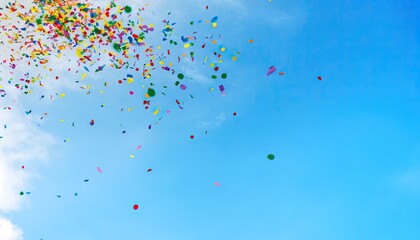 Wall Mural - Vibrant Rainbow Confetti Celebration Against Blue Sky for Pride Day