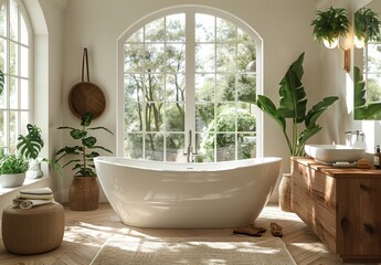 Bright modern bathroom with wooden accents and lush indoor plants