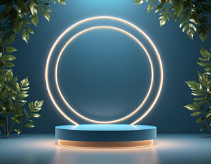 Poster - Abstract 3D room with realistic cylinder pedestal podium and neon ring background. Minimal scene for product display. Vector mock up geometric design. Generative AI