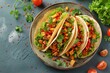 Three chicken tacos with vibrant veggies on a rustic plate, surrounded by fresh herbs and tomatoes