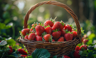 Wall Mural - Fresh strawberries in basket in the garden