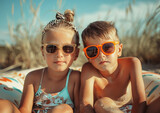 Fototapeta  - little boy and girl having fun at beach, summer vacation concept