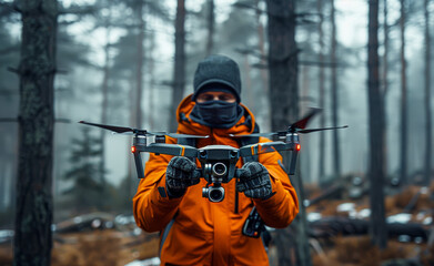 Wall Mural - Man is standing in the forest and holding drone in his hands.