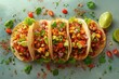Four vibrant tacos with fresh veggies, beef, and lime on a speckled blue background