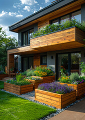 Wall Mural - Modern house with wooden deck and beautiful landscaping on sunny day